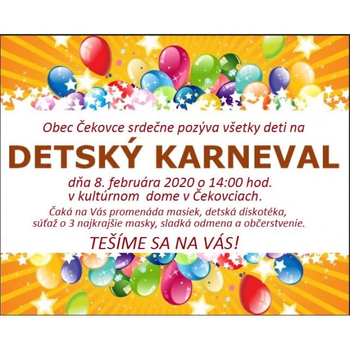 Detský karneval v obci Čekovce bude 8. februára 2020