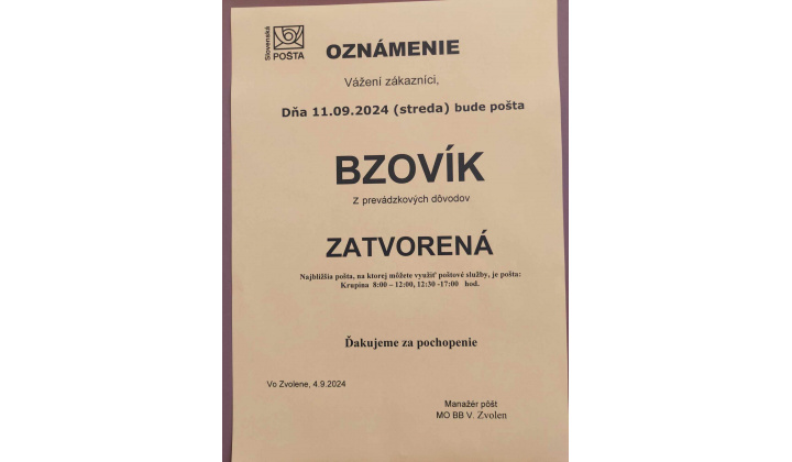 Oznam: Pošta Bzovík zatvorená dňa 11.  09. 2024