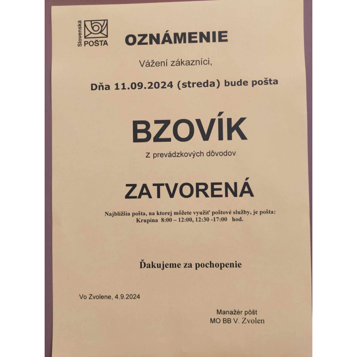 Oznam: Pošta Bzovík zatvorená dňa 11.  09. 2024