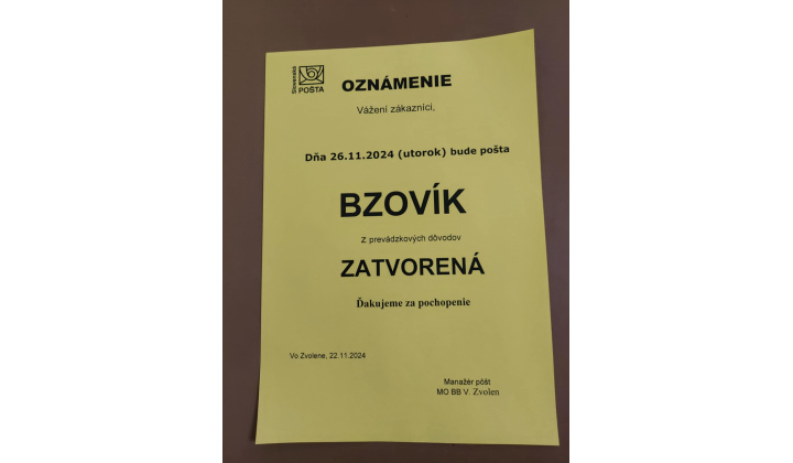 Pošta Bzovík dňa 26. 11. 2024 zatvorená