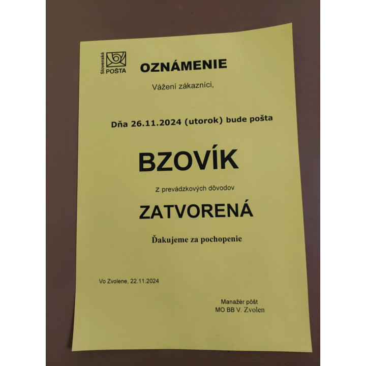 Pošta Bzovík dňa 26. 11. 2024 zatvorená