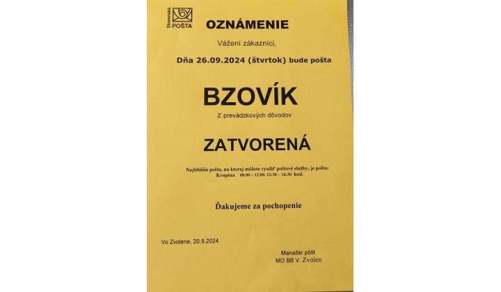 Pošta Bzovík zatvorená dňa 26. 09. 2024 (štvrtok)