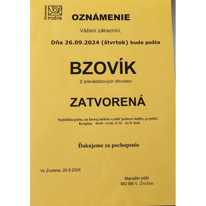 Pošta Bzovík zatvorená dňa 26. 09. 2024 (štvrtok)