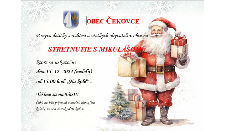 ’’Stretnutie s Mikulášom’’ dňa 15. 12. 2024 o 15:00 hod. ’’Na kole’’ 